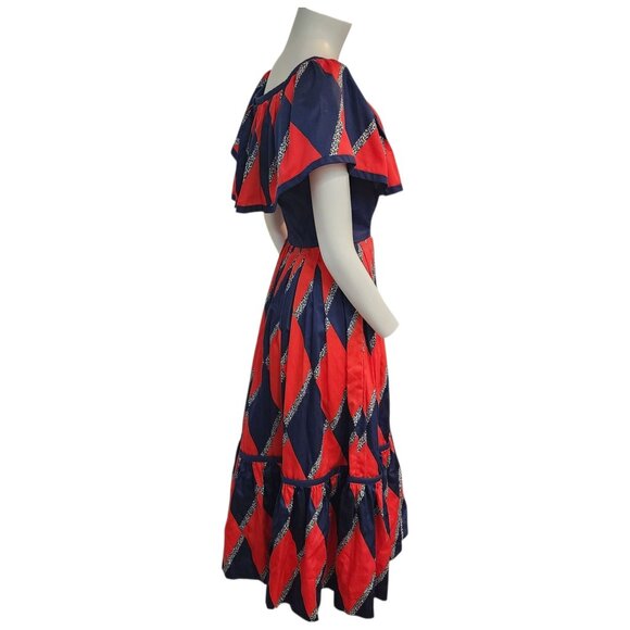 Vintage Mignon Dress 70s 80s Festive Party Retro Red Blue Vtg Diamond Print XS/S - Picture 5 of 14